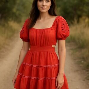 Vanessa Lima Red Square Neck Puff Sleeve Cutout Tiered Mini Dress Festive Pure